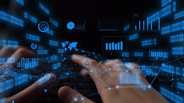 Futuristic concept illustration showcasing hands typing on a keyboard, with glowing blue data visualizations and graphs depicting data analysis and technology. Xenic - Powered by Adobe