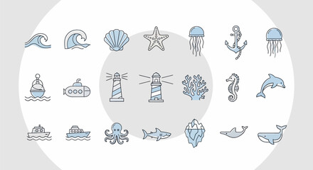 Ocean and sea life themed icon set with various marine elements. © Heruu