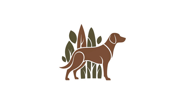 A stylized brown dog stands in front of abstract green and brown foliage