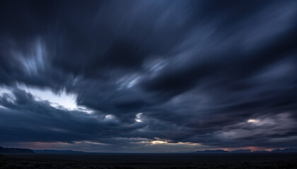 long exposure night storm over empty land, slow cloud movement, deep shadows, minimal light