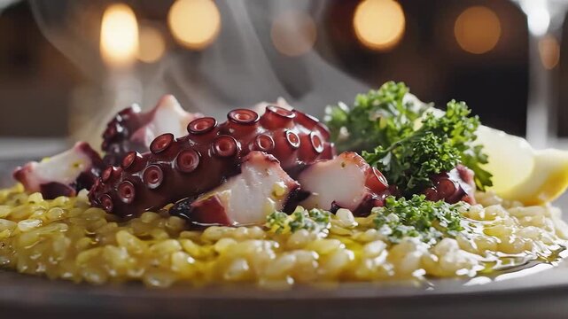 Closeup of delicious octopus risotto with fresh herbs and lemon gourmet seafood dish.