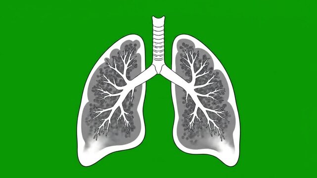 medical educational 2D flat illustration animation of human lungs seen from the front gently inflating and deflating in a smooth seamless loop with clear internal bronchus and alveoli on green backgro