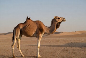 A magnificent dromedary camel stands calmly in a vast sandy desert landscape.