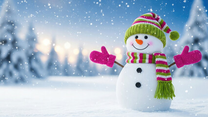 Happy snowman standing in snowy landscape with christmas tree