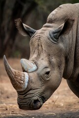 Close-up profile of a majestic rhinoceros showing its distinctive protected