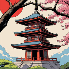 Japanese pagoda vector illustration with bright colors