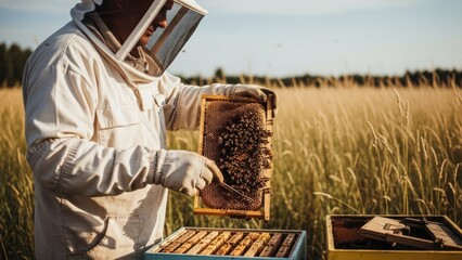 Beekeeper in protective suit inspects honeycomb in a field of tall grass