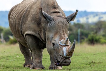 Obraz premium Close-up of a large rhinoceros with painted horns grazing in a grassy field