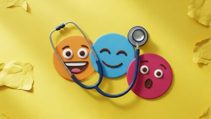 Bright emoticons with stethoscope on yellow background