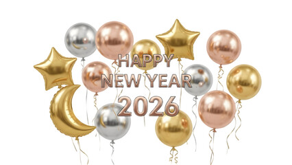 Happy new year 2026 celebration with balloons and stars