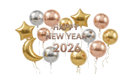 Happy new year 2026 celebration with balloons and stars