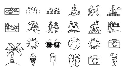 Collection of black and white summer vacation and beach themed outline icons © msunny93