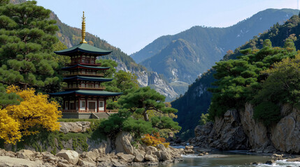 Scenic Japanese pagoda on mountainside surrounded by vibrant trees and autumn foliage in peaceful travel setting
