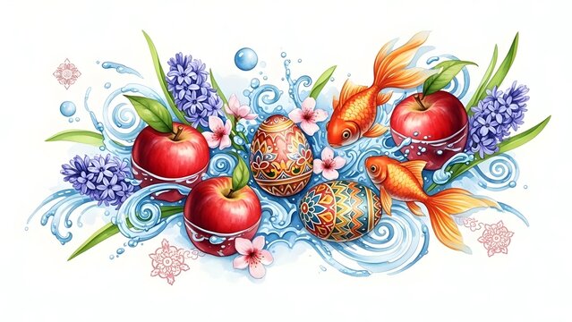 nowruz illustration for Persian Iranian new year, hyacinth goldfish red apple painted eggs watercolor on white background spring