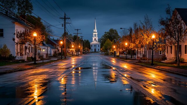 4K Wet street in small town new england with church steeple and glowing streetlights at dusk video