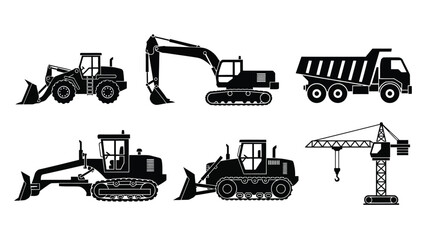 Black silhouettes of construction vehicles including excavators dump trucks and cranes © msunny93