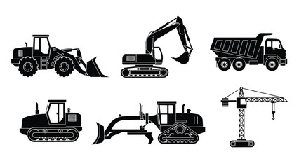 Construction machinery icons excavator bulldozer dump truck and tower crane illustrations © msunny93
