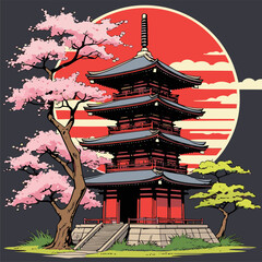 Japanese pagoda vector illustration with bright colors