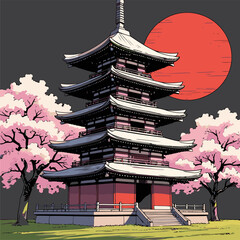 Japanese pagoda vector illustration with bright colors