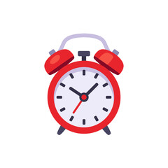 Red twin bell alarm clock with legs, icon, isolated flat style vector illustration