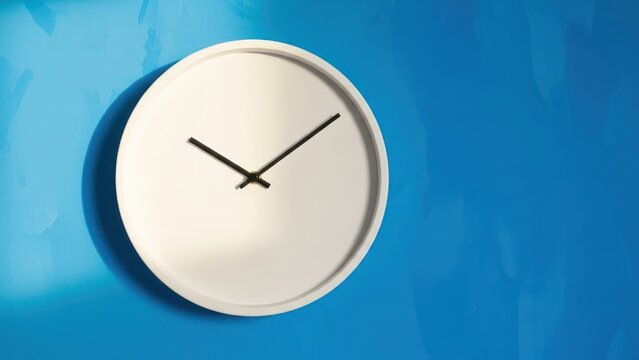 Clean, modern white wall clock casts subtle shadow on vibrant blue background - Powered by Adobe
