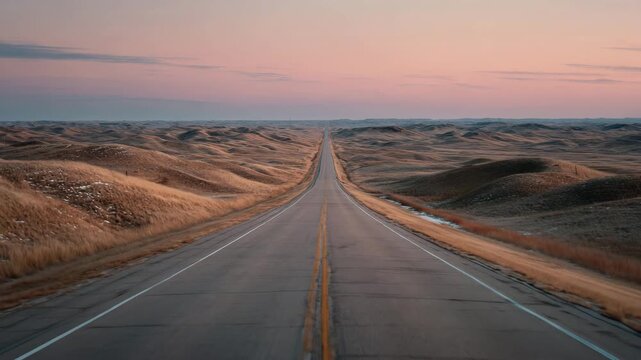 4K Long straight empty road through rolling hills and dry grass landscape at sunset or sunrise video