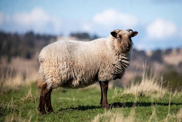 Obraz premium A brown-faced horned sheep stands calmly in a sunny green field looking