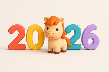 Playful new year 2026 design featuring sweet horse mascot and bright rounded numbers in minimal scene, joyful seasonal concept for banners websites presentations kids products and modern brand 