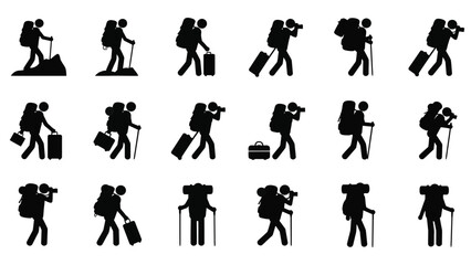 Fototapeta premium Silhouettes of people walking with luggage and backpacks travel and tourism