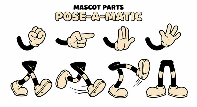 Cartoon mascot parts with various hand and leg poses for animation and character design.