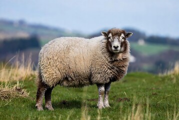 Fototapeta premium A shaggy domestic sheep with light and dark brown wool stands on a green pasture.