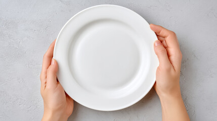 Hands holding empty plate with note for dining or restaurant concept