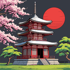 Japanese pagoda vector illustration with bright colors
