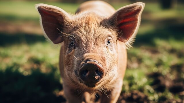Close-up of a young pig's face with large ears and curious eyes in soft sunlight