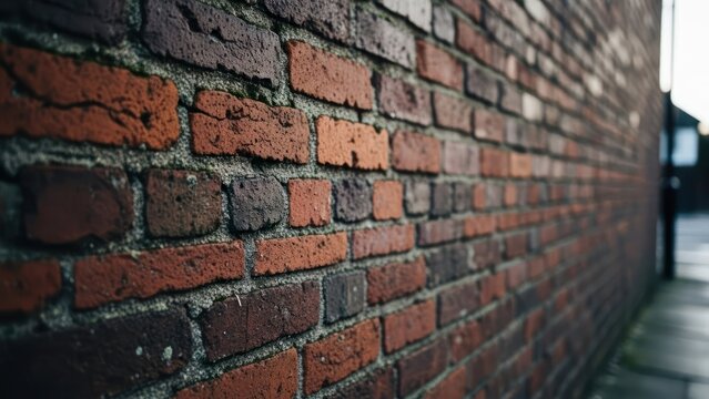 Close-up of a weathered, red brick wall with textured mortar