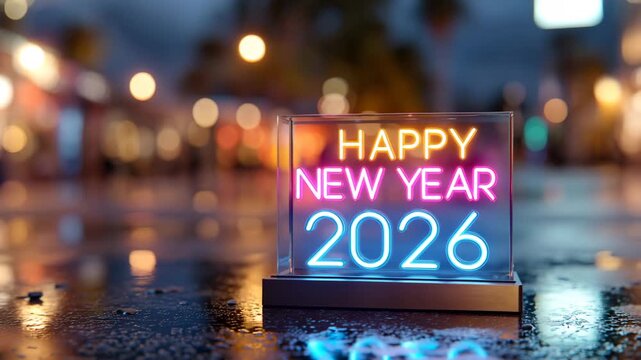 Happy New Year 2026 neon sign on rainy city street