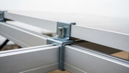 Close-up of metal framework with bolts securing solar panel mounting rails
