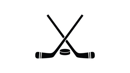 A simple black and white illustration depicts crossed hockey sticks and a puck