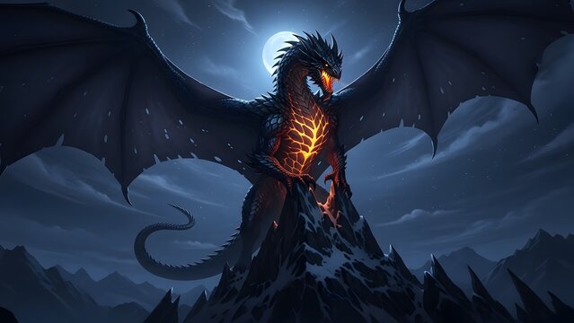 A dominant black dragon with a glowing molten core stands on a craggy mountain peak in this dramatic blue-gray digital fantasy illustration under the full moon.