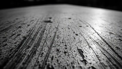 Close-up of weathered, textured surface with scratches and water droplets