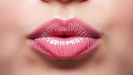 Fototapeta premium Close-up of plump, glossy, pink lips pursed for a kiss