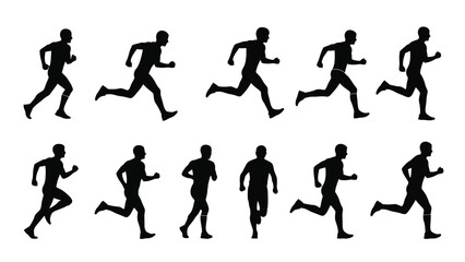 Silhouettes of running people in various poses showing dynamic movement