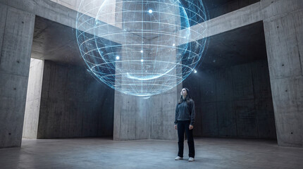 Young woman observing holographic globe data visualization