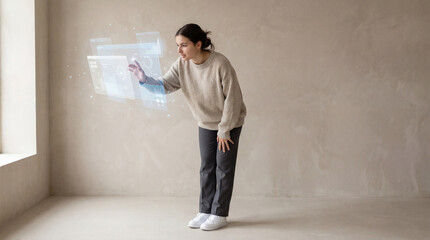 Teenage girl exploring holographic data through gesture-based technology