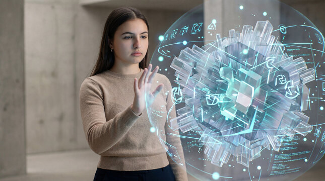 Teenage girl interacting with futuristic digital data visualization interface - Powered by Adobe