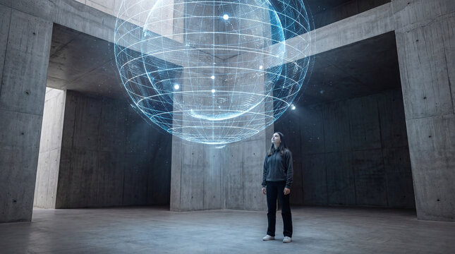 Young woman observing holographic globe data visualization - Powered by Adobe