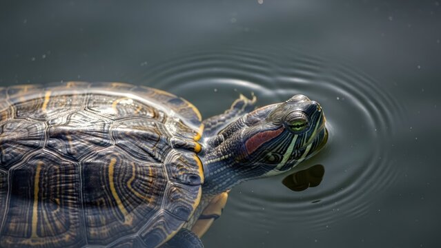 Close-up side profile of a red-eared slider turtle swimming in dark water