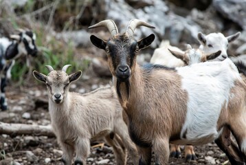 Curious brown goat with white patch and kid in a rocky outdoor setting