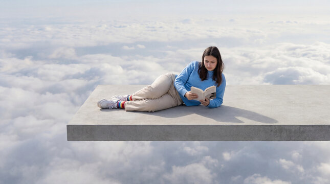 Teenage girl reading a book while floating above clouds on a concrete platform
