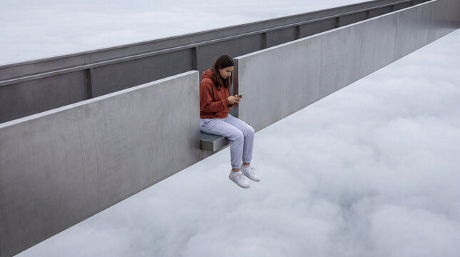 Adolescent using smartphone while suspended above clouds on a concrete structure